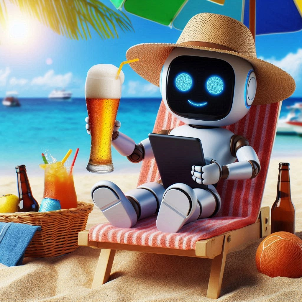 creat an image of AI on holiday on a beach in the sun with a cold beer and a Kindle